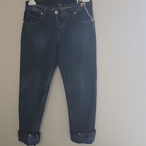 EUREKA BABYLON -ITALIA Women’s Dark Wash Blue Jeans with Chain & sequins Accent